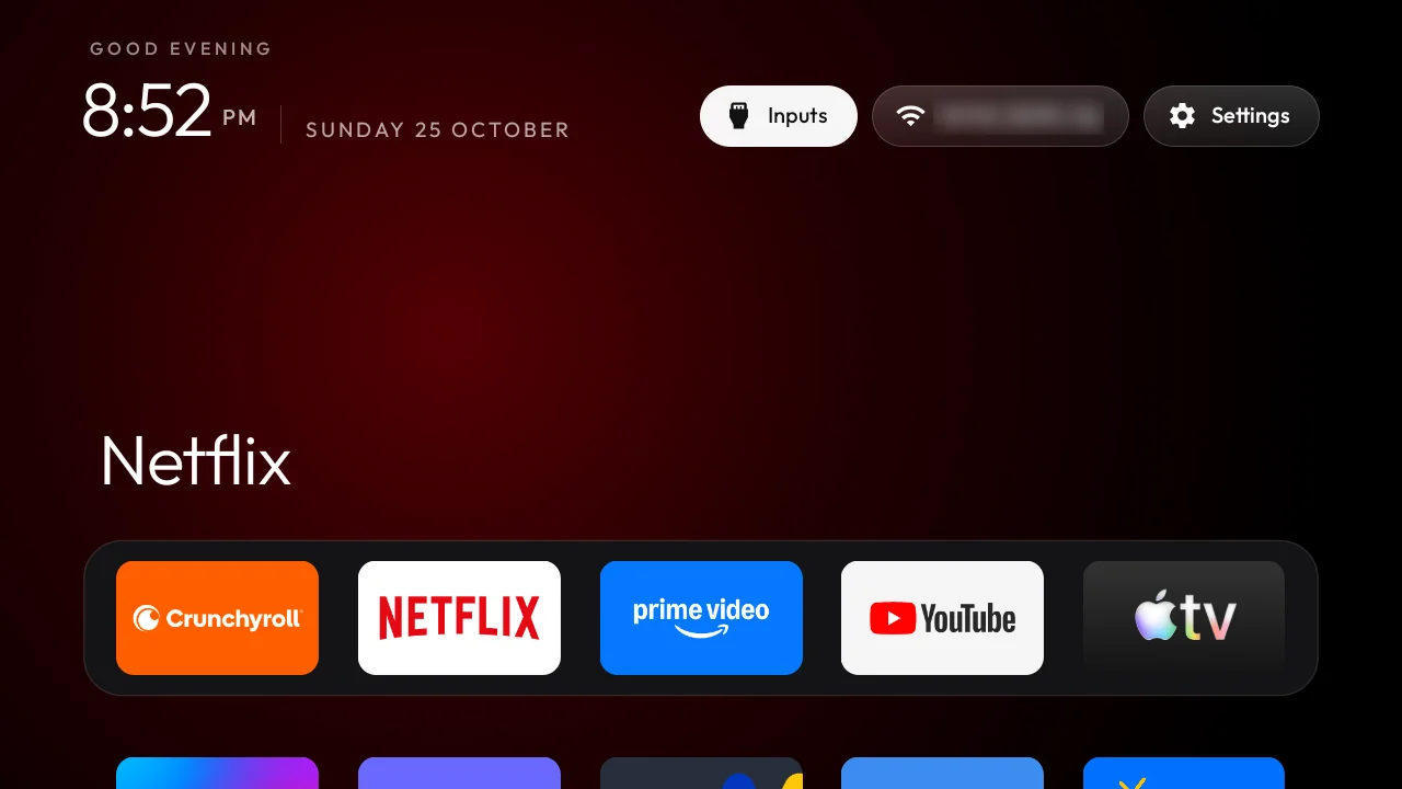 The same Mi TV after the cleanup: a dark home screen with a dock of my apps