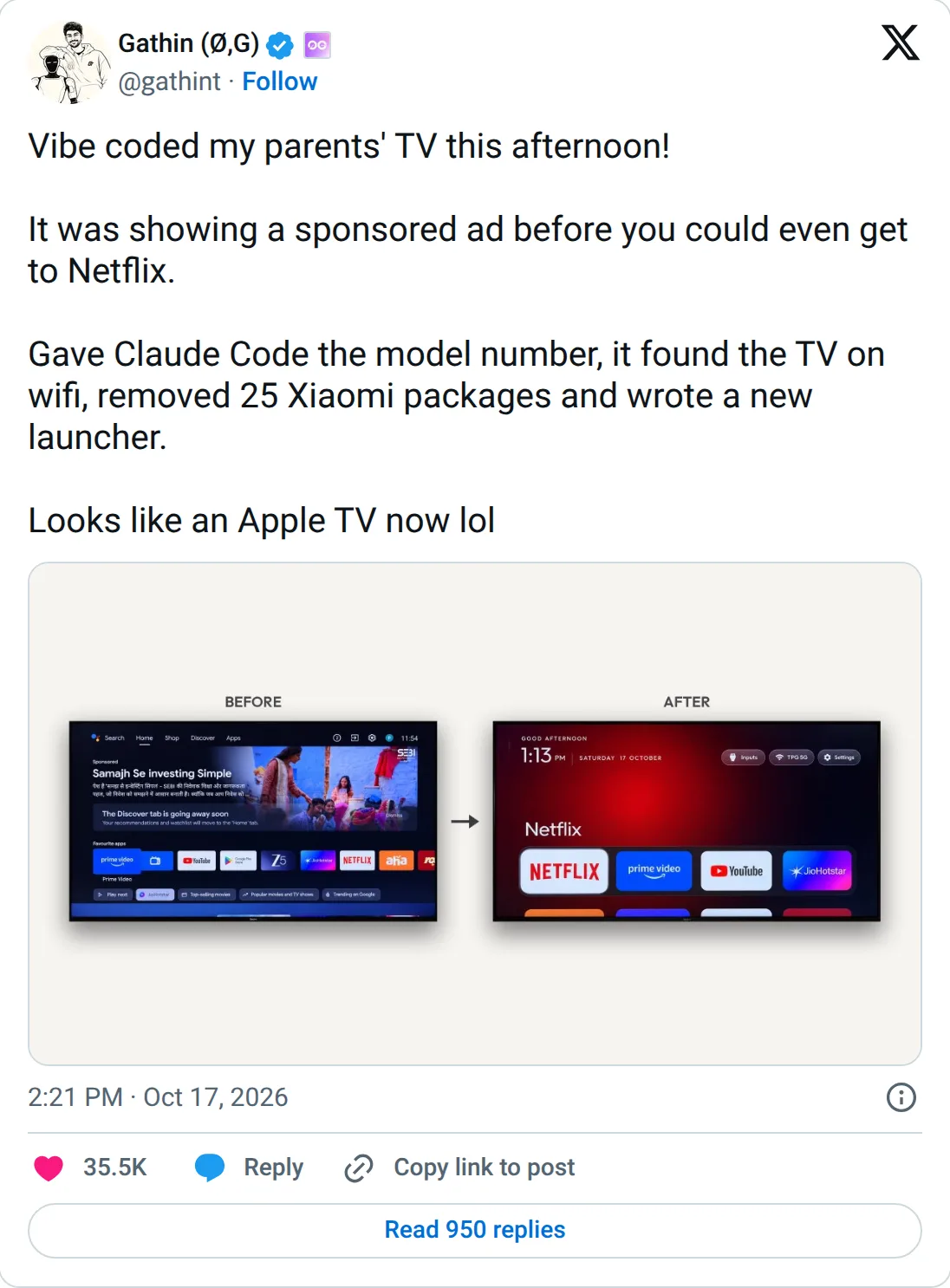 Gathin's post on X: Claude Code found the parents' TV on Wi-Fi, removed 25 Xiaomi packages and wrote a new launcher, with a before and after photo