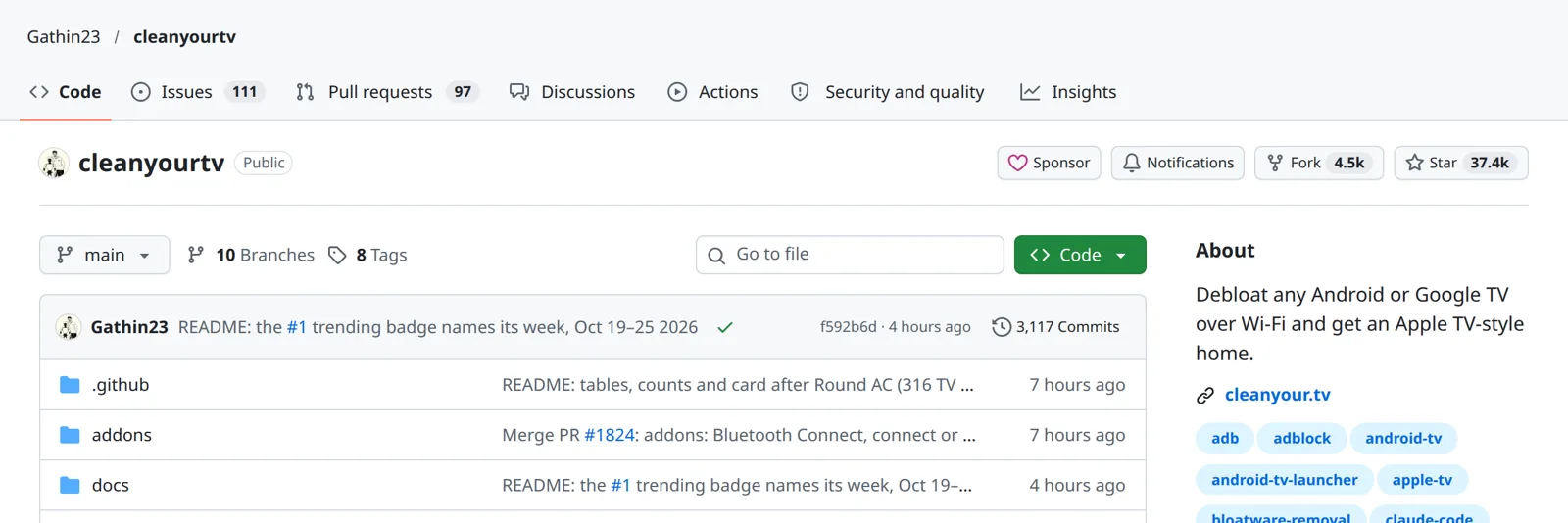 The cleanyourtv repo on GitHub, showing 37.4k stars and 4.5k forks